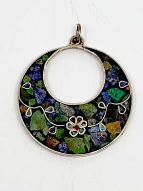 Vintage Mexican sterling silver turquoise inlay pendant - GM936